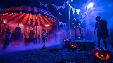 A circus scene transformed for Halloween, featuring creepy clowns, skeletal acrobats, and haunted carnival rides. The circus tent is decorated with bats, pumpkins, and fog, creating a chilling 