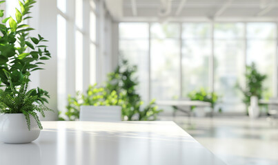 Fototapeta premium Blurred modern white office interior with panoramic windows and green plants, blurred background for design use