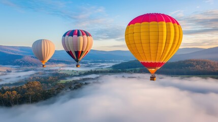 Fototapeta premium Dreamlike Foggy Morning with Balloons Emerging Through Mist