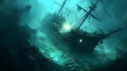 Obraz premium A haunted pirate shipwreck rests on the ocean floor, its broken hull glowing with eerie undersea light. Ghostly lights flicker through the sunken vessel, casting an otherworldly glow on the 