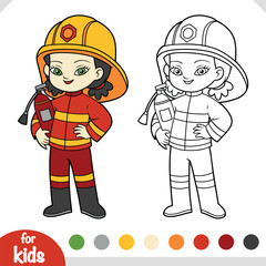 Coloring book for kids, Firefighter cute cartoon asian girl and extinguisher