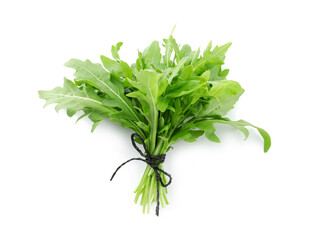 Bunch of fresh arugula leaves isolated on white, top view