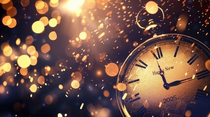 New Yearâ€™s Eve banner, "Happy New Year 2025" in bold white, clock at midnight, spacious copy space, dark elegant background, glowing details. 