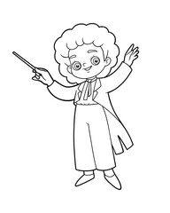 Coloring book for kids, Cute cartoon girl the conductor of orchestra and stick