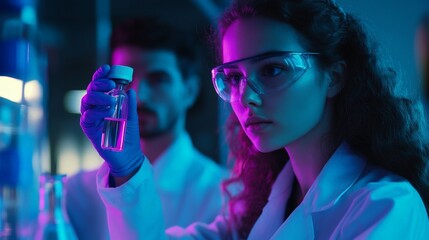 Innovative female scientist analyzing sample in futuristic lab setting