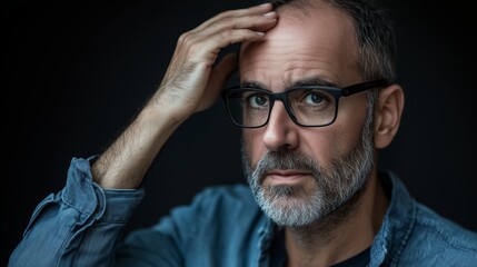 Obraz premium Thoughtful man wearing glasses with a beard, looking pensive while holding his forehead in a low-lit setting