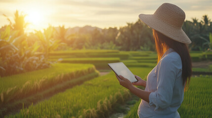 Fototapeta premium Woman farmer standing in a scenic rice field at sunset, using a tablet to monitor crops, warm golden light, modern farming techniques, copy space