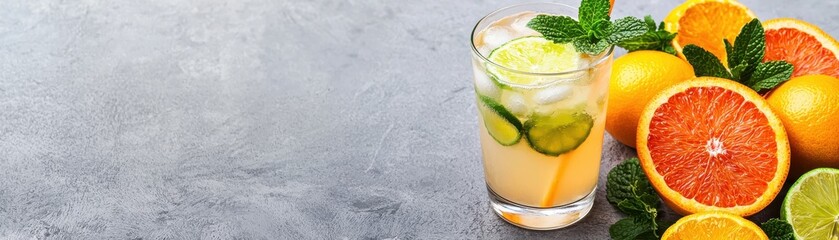 Fototapeta premium Refreshing citrus drink with mint, garnished with lime slices. Perfect for summer enjoyment and healthy hydration.