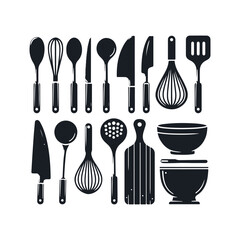 Set of kitchen utensils silhouette vector art illustration on a white background