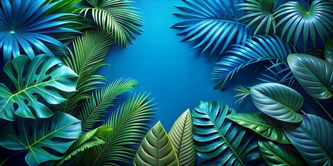 3d render abstract blue background with green tropical leaves