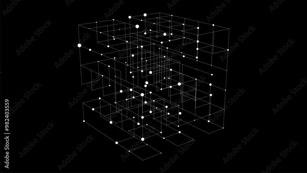 Poster vector futuristic space , black cube. network connection structure cyberspace with moving particles 