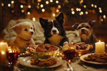 A pet food brand’s New Year’s ad, showing pets enjoying special holiday treats in a cozy home. Three dogs sit at a table with food plates and candles