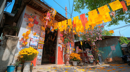 Shrine decorated with yellow and red flags for Thailands Vegetarian Festival