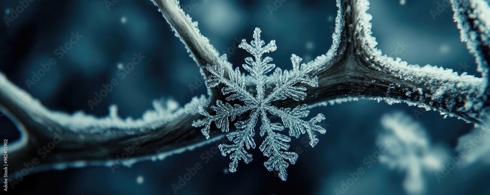 Poster a close-up of a snowflake resting on a frosted branch, showcasing the intricate details of winter's 