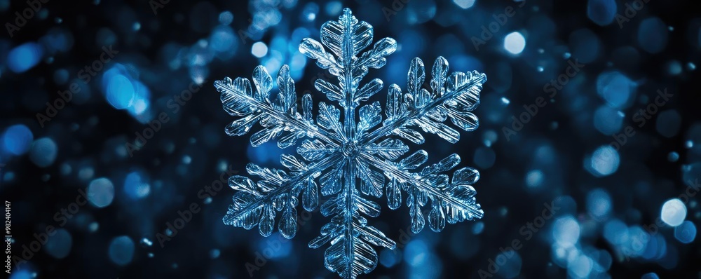Poster beautiful close-up of a blue snowflake surrounded by shimmering particles, evoking the magic of wint