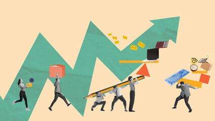 Colleagues carrying various office supplies, work together to raise an upward arrow. Team effort in...