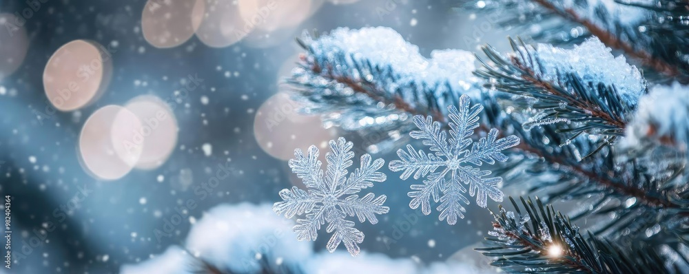 Poster snowflakes gently fall upon a serene winter landscape, creating a magical and peaceful atmosphere am