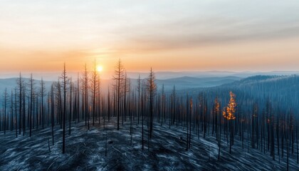 Fototapeta premium A stunning view of a sunset over a burned landscape, showcasing charred trees and the resilience of nature after a wildfire.
