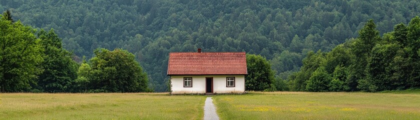 Scenic view of a solitary house amidst lush greenery, surrounded by mountains and a clear sky, ideal for nature and architecture themes.