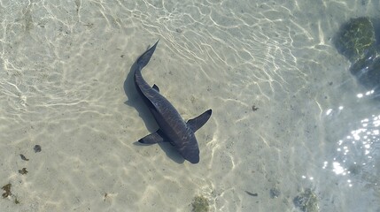 top-down view of an overhead shot from above, capturing the outline and shape of a small shark in shallow water
