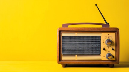 Obraz premium A vintage radio sits in front of a yellow wall.