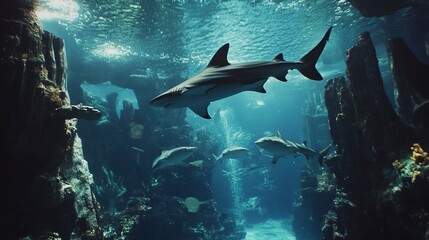 Obraz premium Sharks and Ray in an Aquarium 