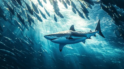 Fototapeta premium An agile mako shark darting through a school of shimmering fish, its streamlined form contrasting against the abstract patterns of light and shadow, with copy space.