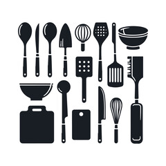 Set of kitchen utensils silhouette vector art illustration on a white background