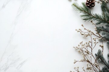 White Marble Background with Pine Sprigs and a Pine Cone