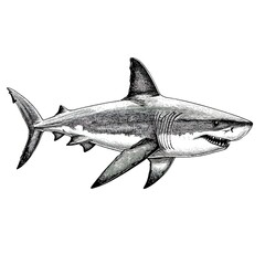 Fototapeta premium Great white shark swimming drawing, black shark hunting prey. on white background 