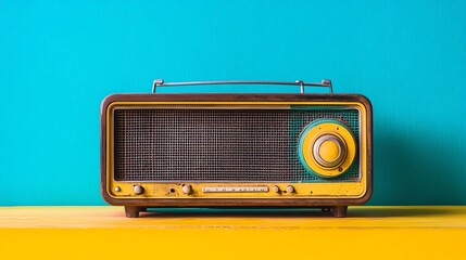 A vintage radio on a yellow table with a blue wall in the background.