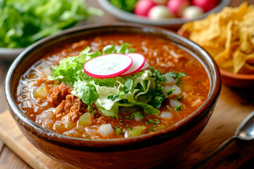 Traditional mexican red pozole in bowl on wooden table
