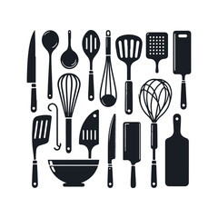 Set of kitchen utensils silhouette vector art illustration on a white background