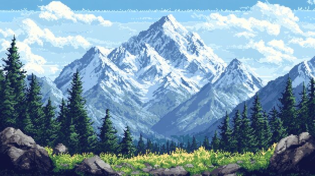 A seamless pixel art mountain range, with a retro feel, capturing the beauty of nature in a blocky, pixelated style.