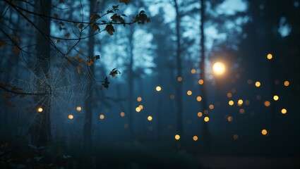 A mystical forest scene at dusk, illuminated by floating lights amidst tall trees, creating an enchanting and serene atmosphere.