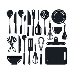 Set of kitchen utensils silhouette vector art illustration on a white background