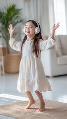 Portrait of Asian girl in casual dress and modern white headphones dancing cheerfully in a living room.