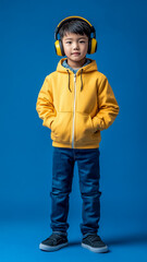 Portrait of Asian boy wearing jeans and modern headphones on blue background.