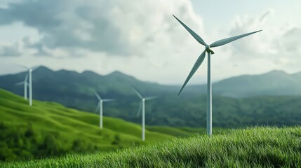 A serene landscape featuring wind turbines on rolling green hills, emphasizing renewable energy and environmental sustainability.