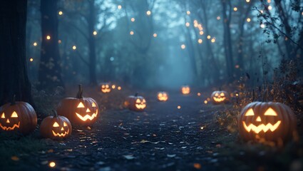 A spooky path surrounded by glowing jack-o'-lanterns and fairy lights, creating a magical Halloween atmosphere.