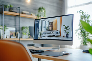 Fototapeta premium Modern home office with a computer displaying a 3D rendering of a stylish living room design, showcasing digital interior design tools