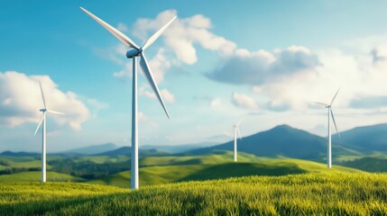 Fototapeta premium Lush green hills with wind turbines, showcasing renewable energy and a sustainable landscape under a bright blue sky with fluffy clouds.
