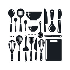 Set of kitchen utensils silhouette vector art illustration on a white background