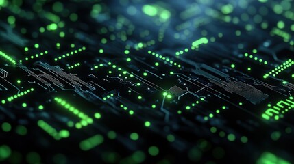 Abstract digital circuit board with green lights showcasing technology and innovation.