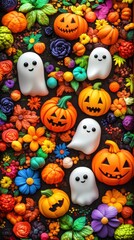 A close up of a bunch of fake pumpkins