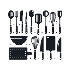Set of kitchen utensils silhouette vector art illustration on a white background