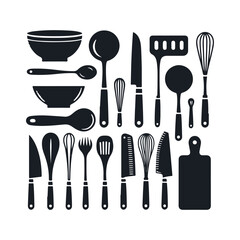 Set of kitchen utensils silhouette vector art illustration on a white background