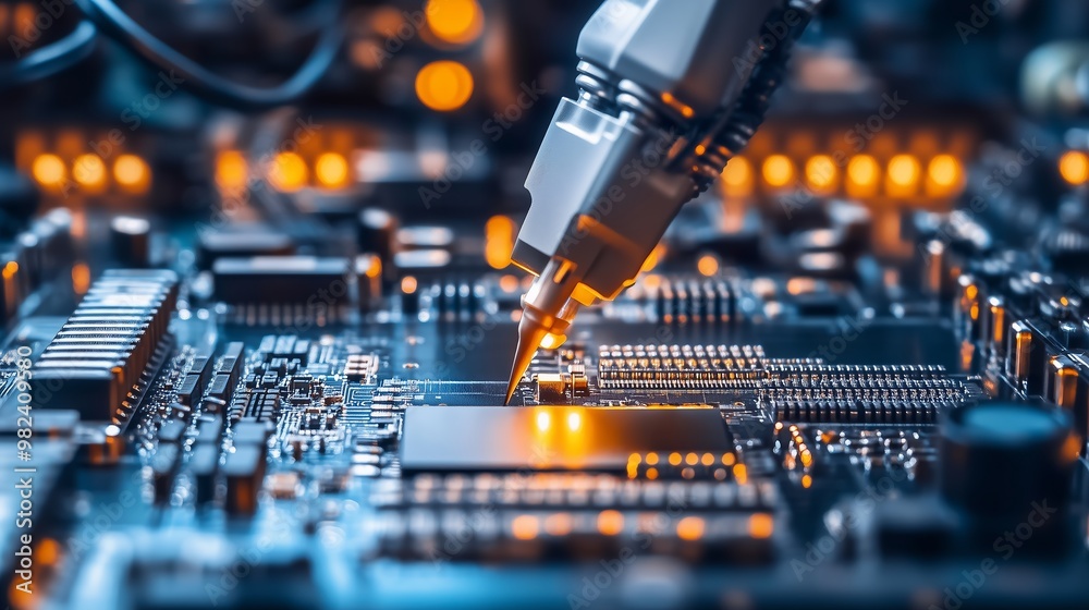 Poster close-up view of a robotic arm assembling electronic components on a circuit board in a tech worksho