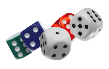 Colorful gambling dices flying, isolated on white background, clipping path