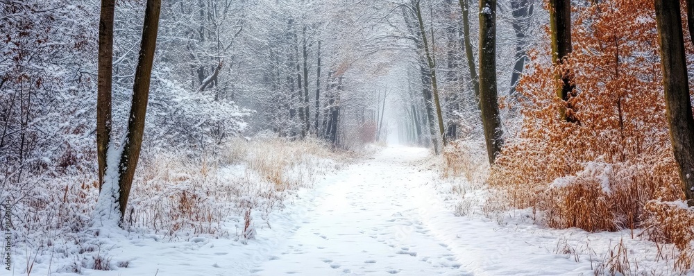 Poster a serene winter pathway surrounded by snow-covered trees, creating a tranquil and picturesque forest
